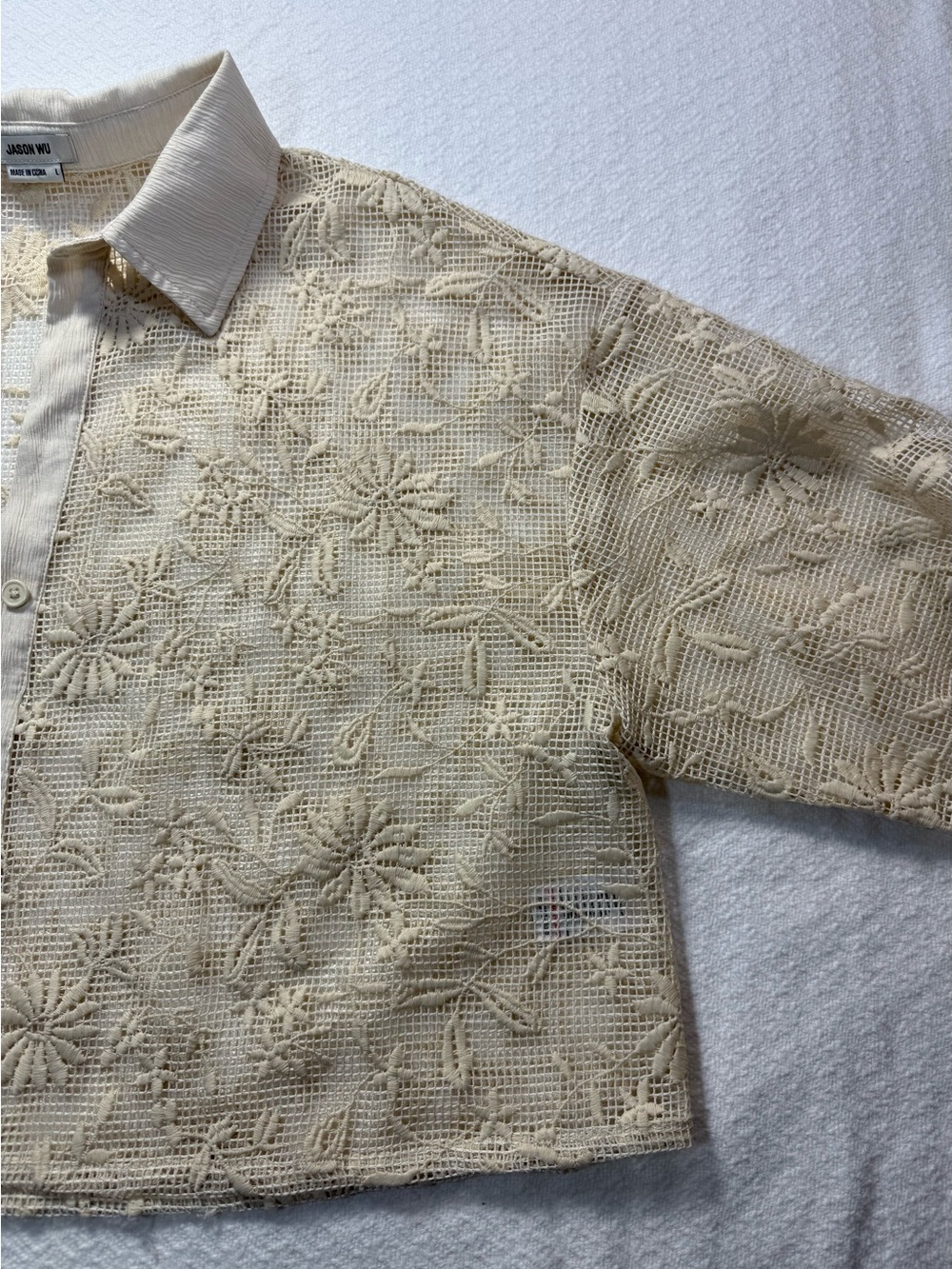 Jason Wu Ivory Floral Embroidered Lace Cropped Button Front Blouse L - Picture 6 of 10